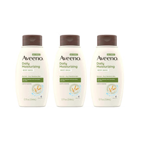 Aveeno Daily Moisturizing Body Wash pack-3-bottles shows gentle cleansing for dry skin.