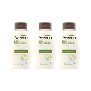 Aveeno Daily Moisturizing Body Wash pack-3-bottles shows gentle cleansing for dry skin.