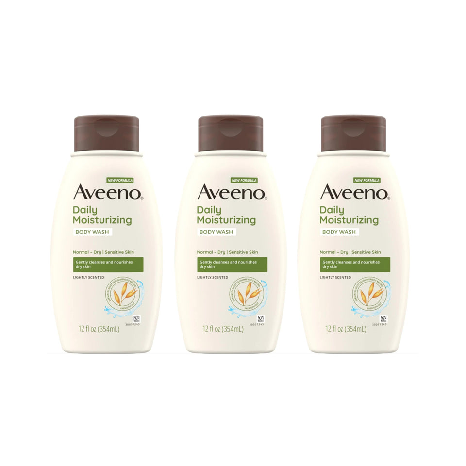 Aveeno Daily Moisturizing Body Wash pack-3-bottles shows gentle cleansing for dry skin.