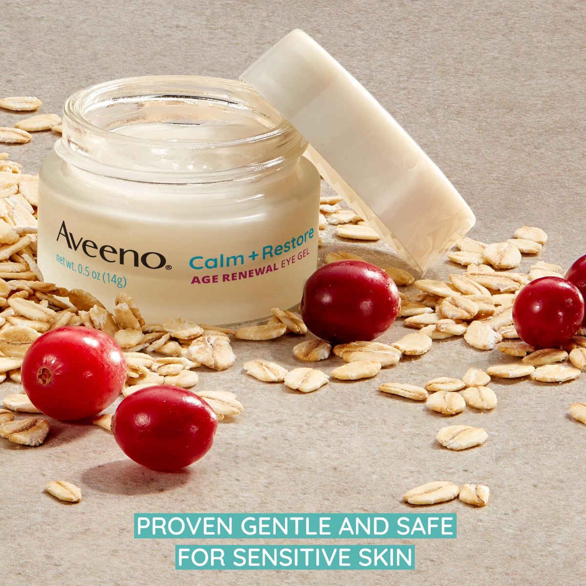Aveeno eye gel packaging on a bathroom shelf highlights compact travel friendly design