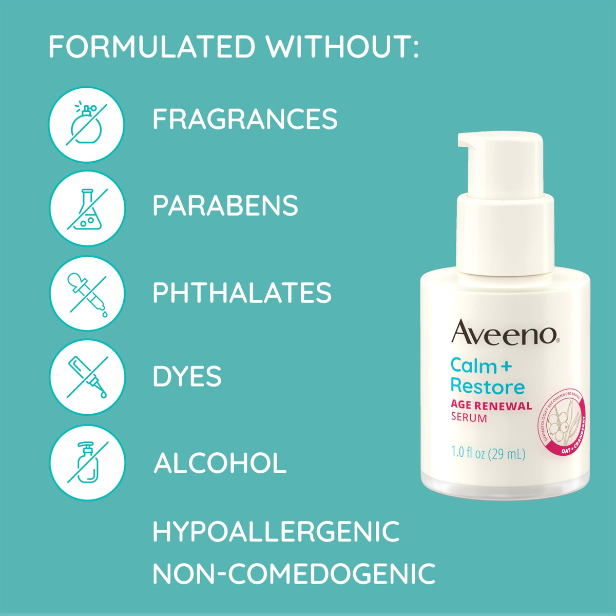 Aveeno fragrance-free icon reassures sensitive-skin suitability.