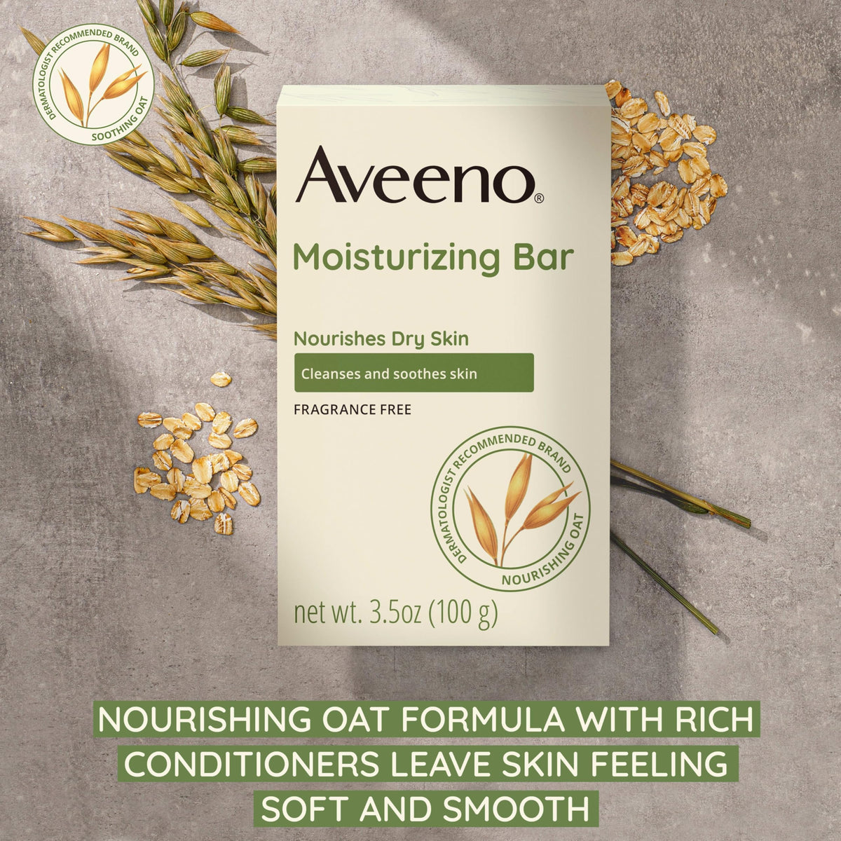 Aveeno Cleansing Bar pack shot showcases fragrance-free formula for daily gentle cleansing.