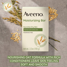 Aveeno Cleansing Bar pack shot showcases fragrance-free formula for daily gentle cleansing.