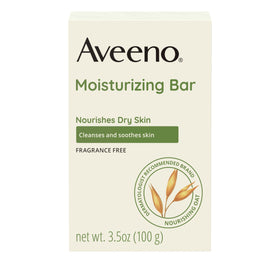 Aveeno Gentle Moisturizing Cleansing Bar front view highlights oats for dry skin care.