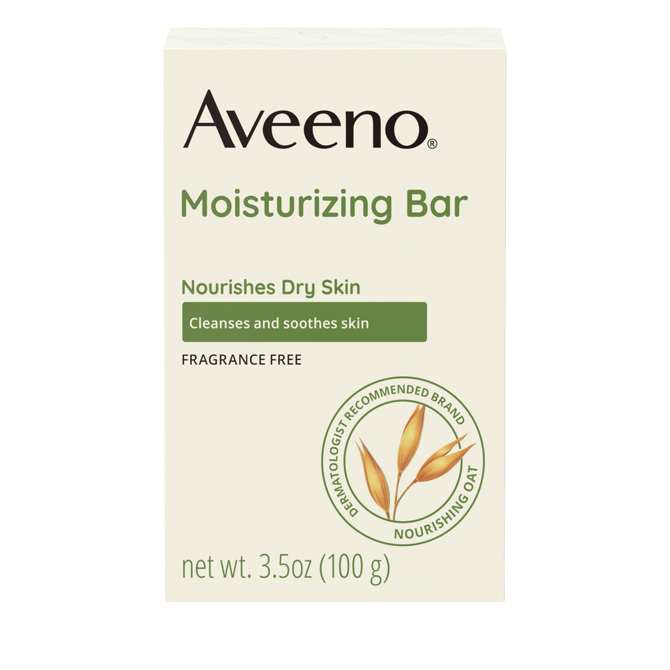 Aveeno Gentle Moisturizing Cleansing Bar front view highlights oats for dry skin care.
