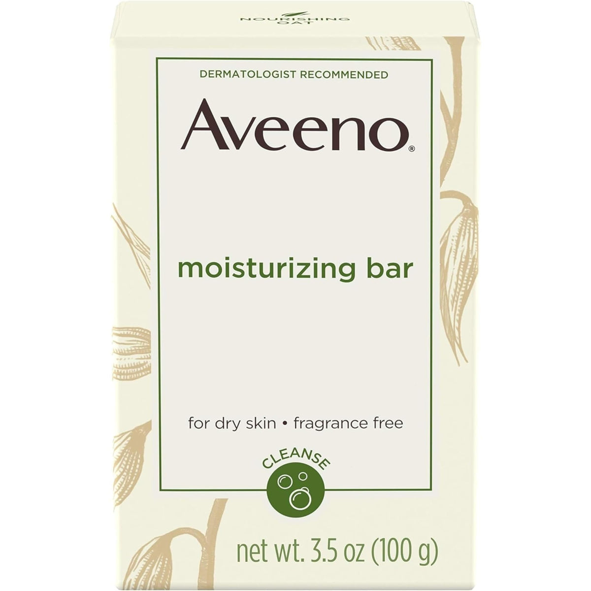 Aveeno Moisturizing Bar packaging notes fragrance-free and dye-free formulation.