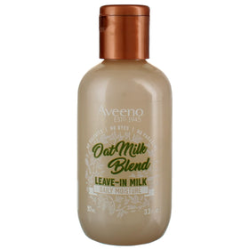 Aveeno Oat Milk Leave-In Hair Treatment bottle shows hydrating formula for all hair types