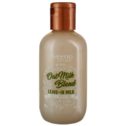Aveeno Oat Milk Leave-In Hair Treatment bottle shows hydrating formula for all hair types
