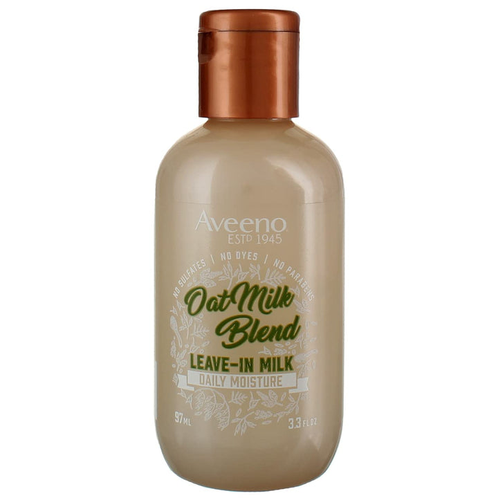 Aveeno Oat Milk Leave-In Hair Treatment bottle shows hydrating formula for all hair types