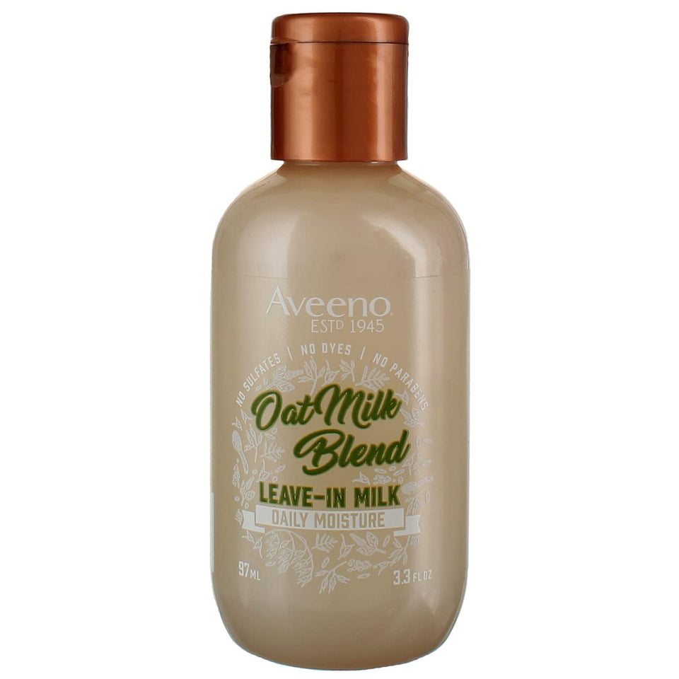 Aveeno Oat Milk Leave-In Hair Treatment bottle shows hydrating formula for all hair types