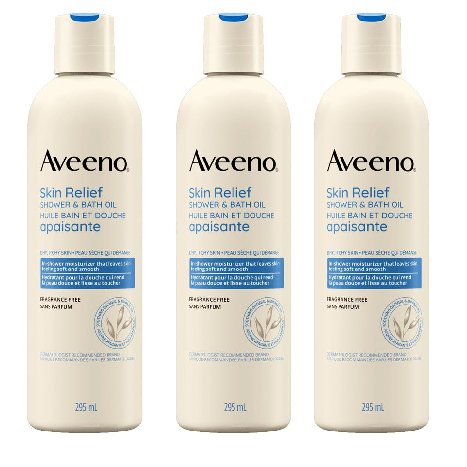 Aveeno Skin Relief Shower & Bath Oil bottle being poured for gentle skin care.