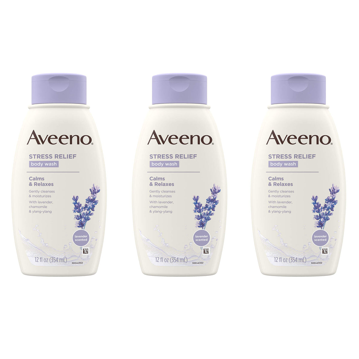 Aveeno Stress Relief bottle pour, showcasing calming lavender scent for a relaxing shower.