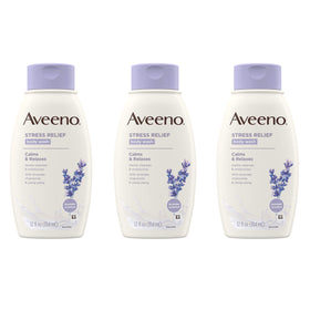 Aveeno Stress Relief bottle pour, showcasing calming lavender scent for a relaxing shower.