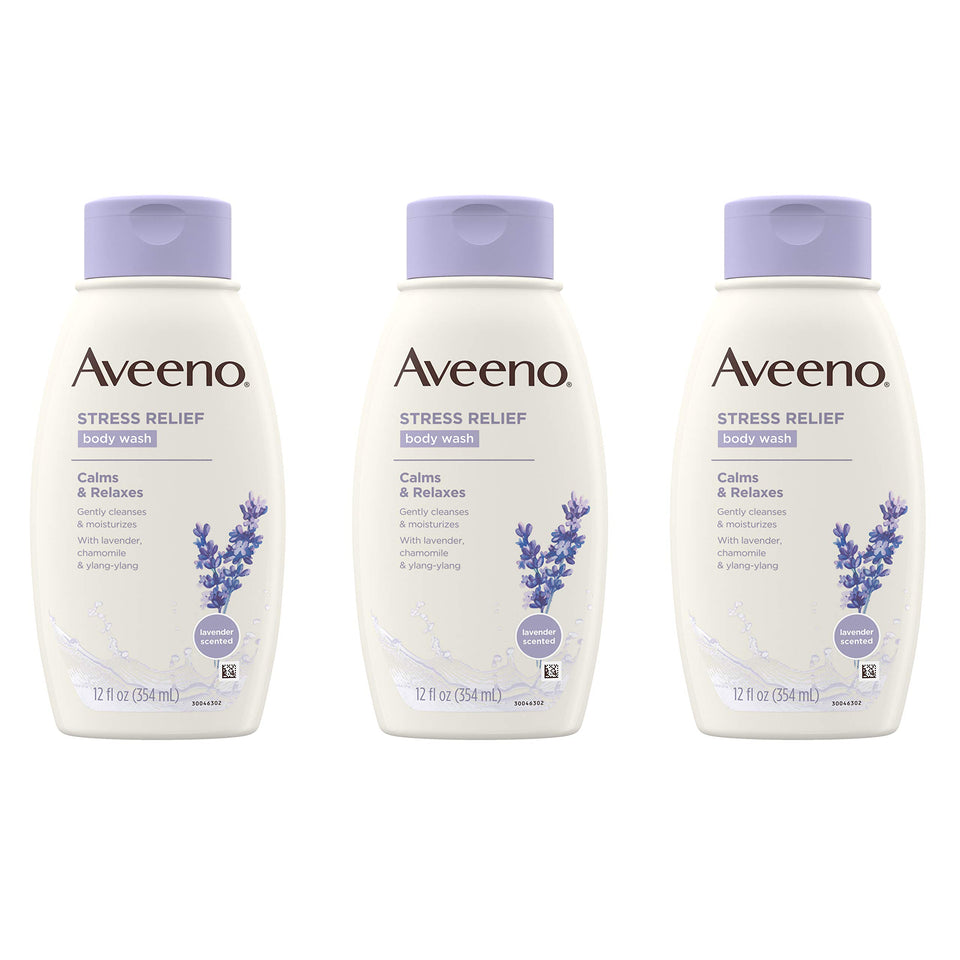 Aveeno Stress Relief bottle pour, showcasing calming lavender scent for a relaxing shower.