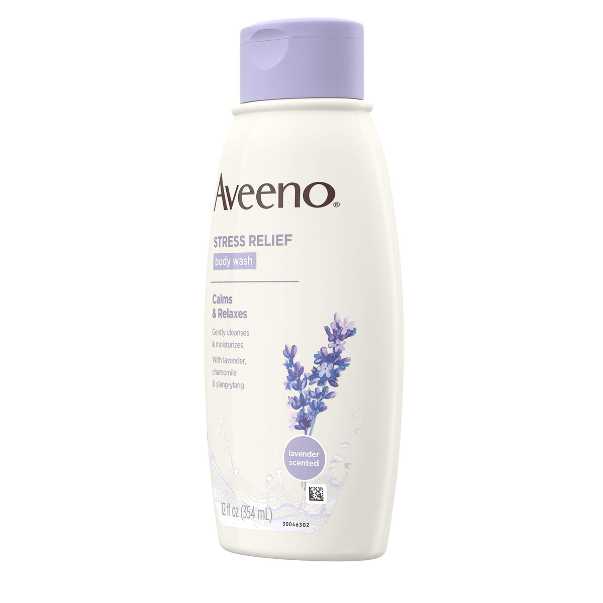 Aveeno Stress Relief foam lather demonstrates gentle cleansing with calming scents.