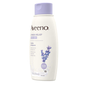 Aveeno Stress Relief foam lather demonstrates gentle cleansing with calming scents.