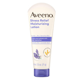 Aveeno Stress Relief Lotion front view with 2.5 oz tube, fast-absorbing hydration for sensitive skin
