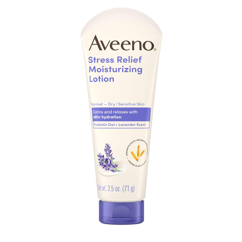 Aveeno Stress Relief Lotion front view with 2.5 oz tube, fast-absorbing hydration for sensitive skin