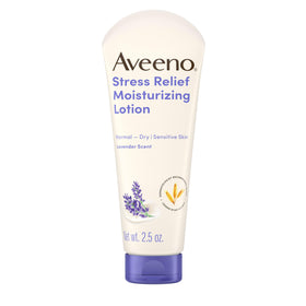 Aveeno stress relief packaging in a bathroom setting for daily routine ease
