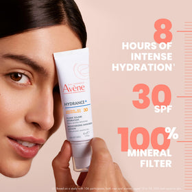 Avène Hydrance+ bottle with aloe vera imagery conveys rich hydration support