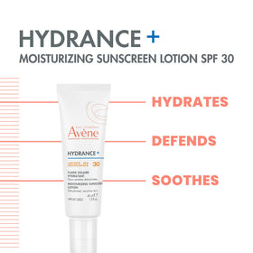 Avène Hydrance+ SPF 30 close-up shows creamy, light-weight texture ideal for sensitive skin