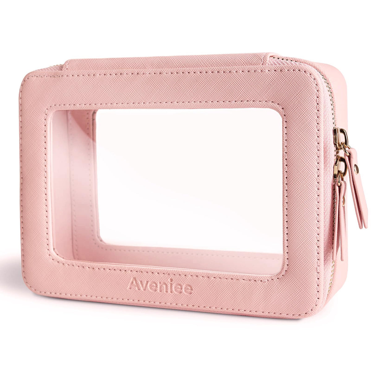 Aveniee clear makeup bag front view in pink, ideal for stylish travel