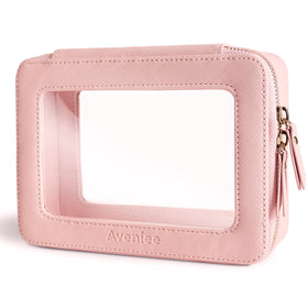 Aveniee clear makeup bag front view in pink, ideal for stylish travel