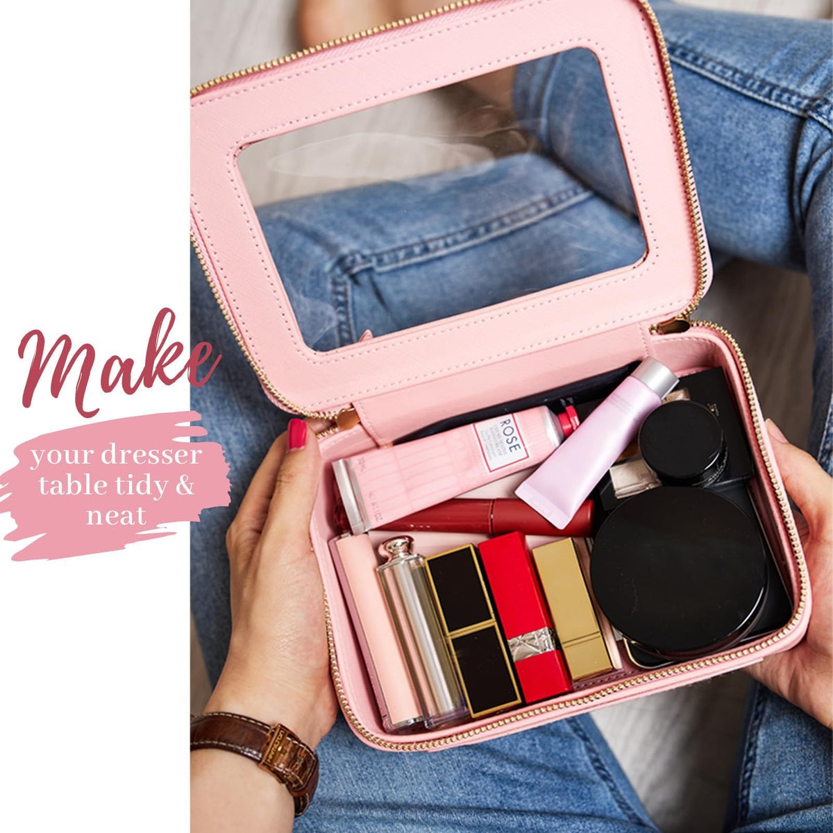 Aveniee clear makeup bag side view highlighting compact footprint for packing