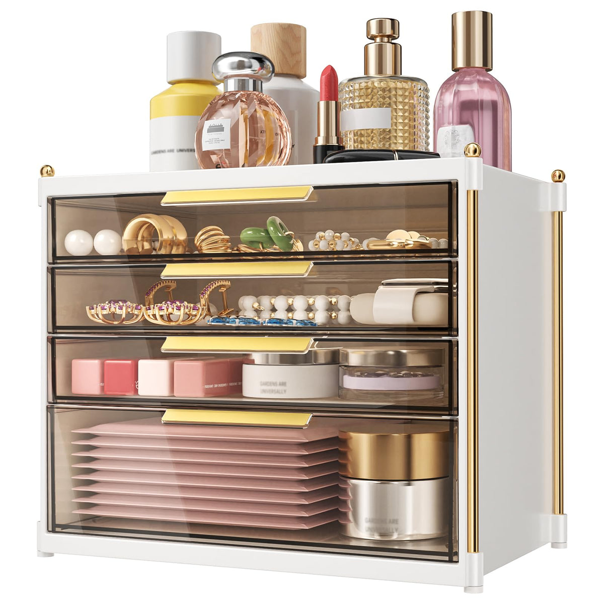 Aveniee four-drawer makeup organizer with top open compartment for quick daily access