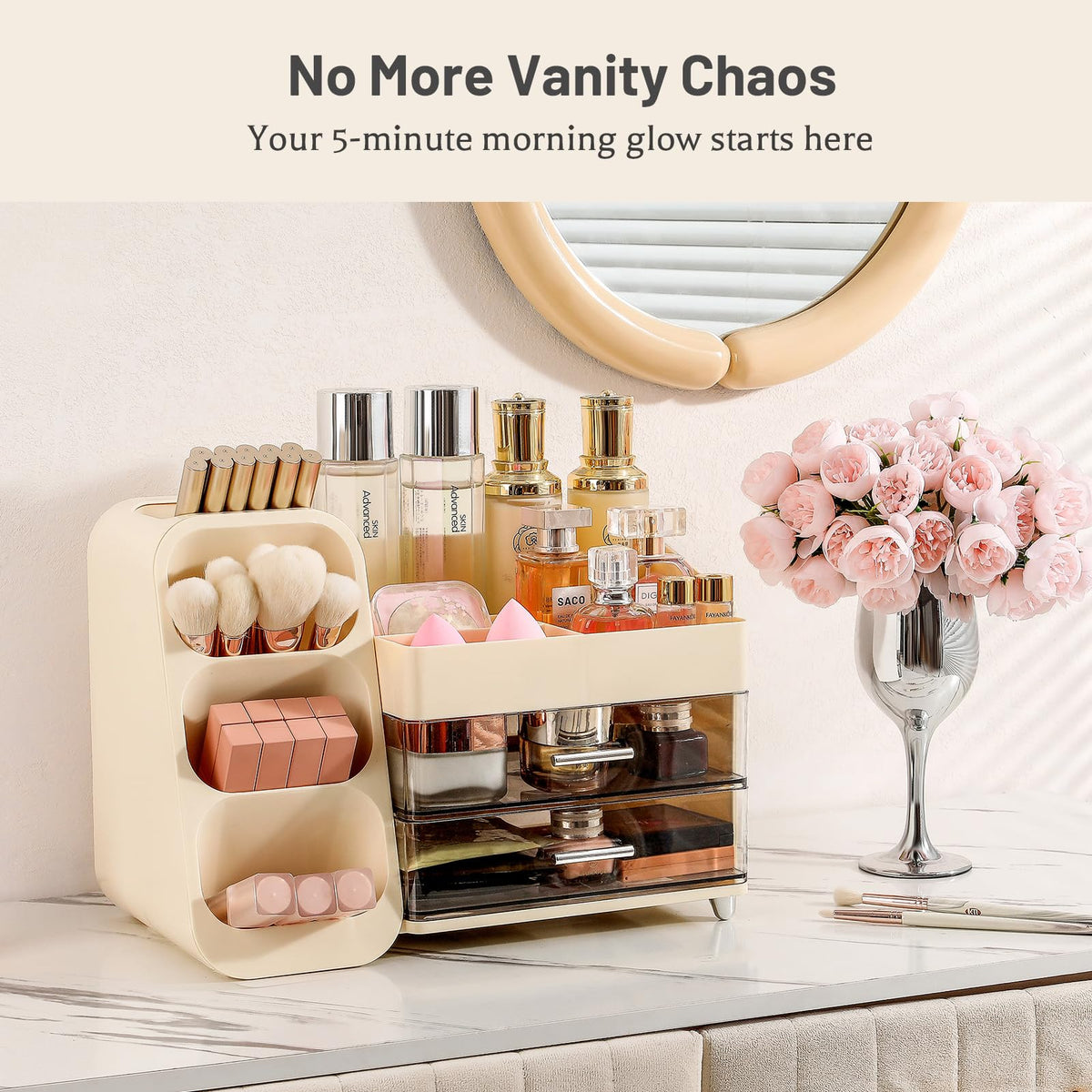 Aveniee organizer with two drawers stores lipsticks and brushes securely.