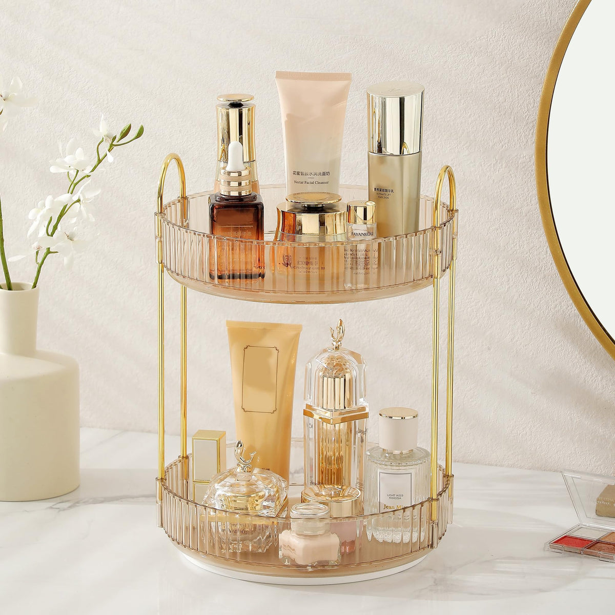 Aveniee rotating makeup organizer in gold for effortless vanity access