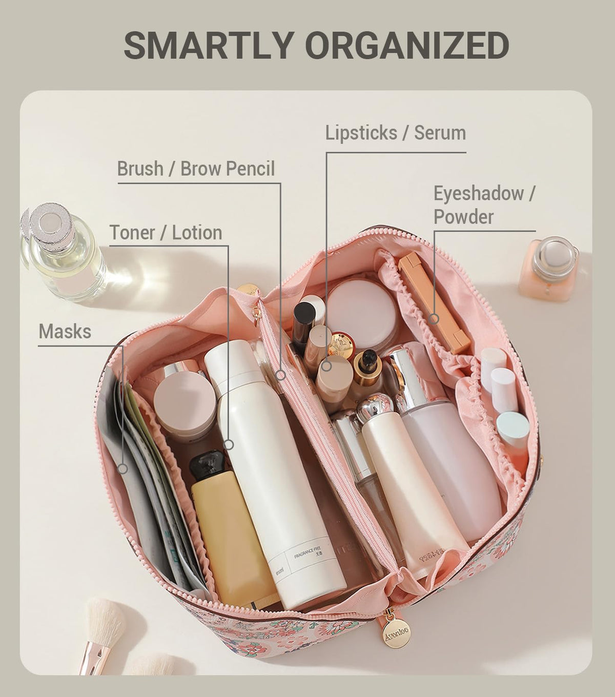 Aveniee bag shows a clear divider for organized cosmetics.