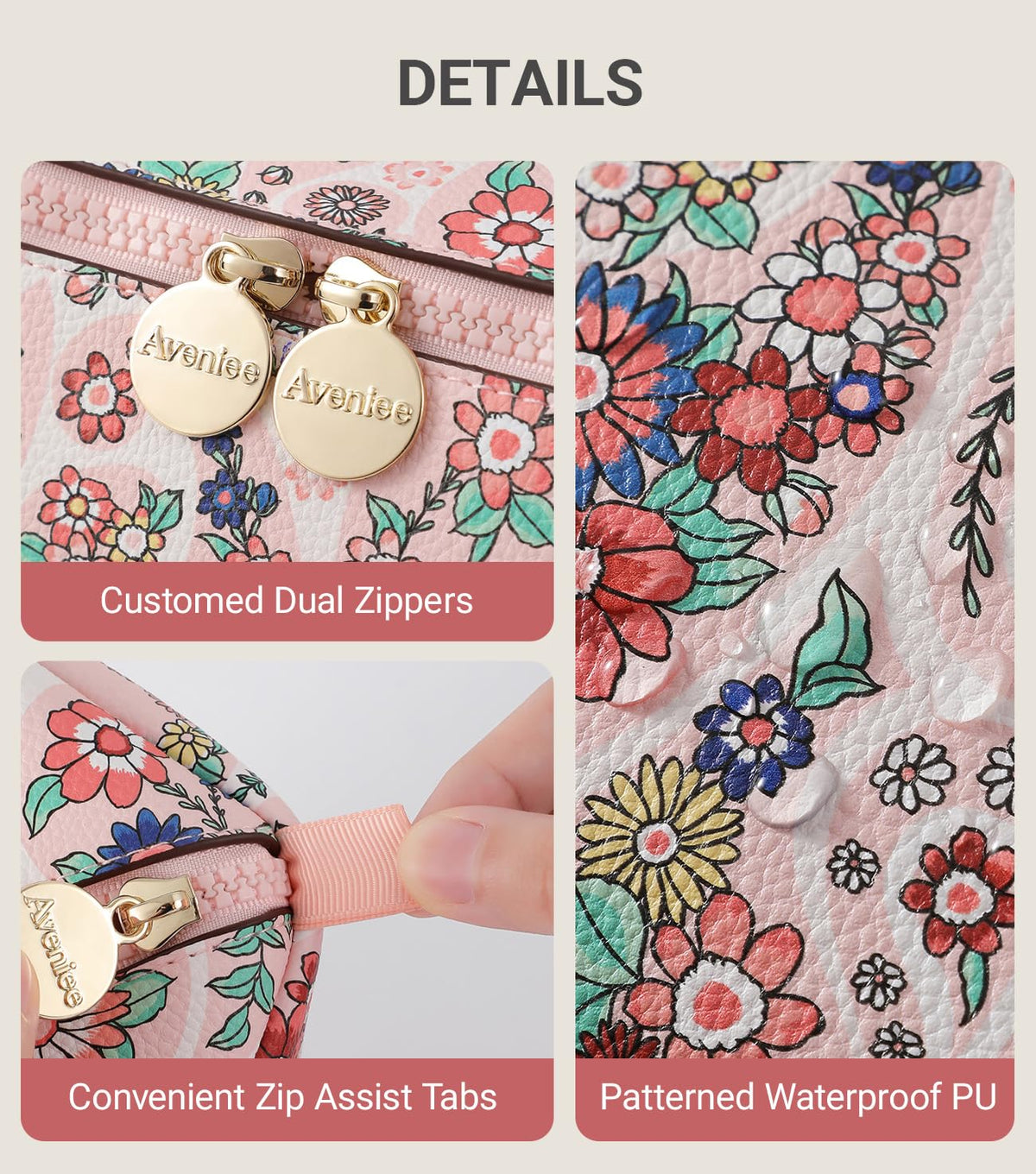 Aveniee bag features a stylish floral pattern PU leather finish.