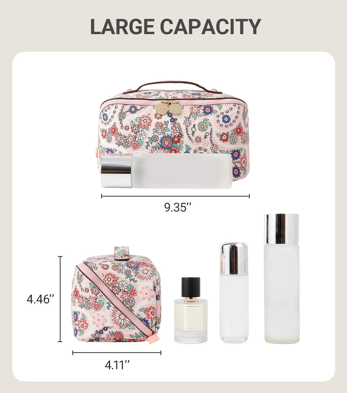Aveniee bag made of waterproof PU leather protects cosmetics on trips.