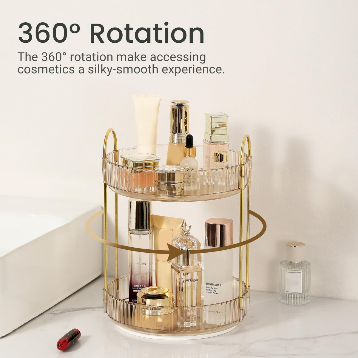 Aveniee two-tier gold makeup organizer shown in side view