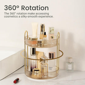 Aveniee two-tier gold makeup organizer shown in side view