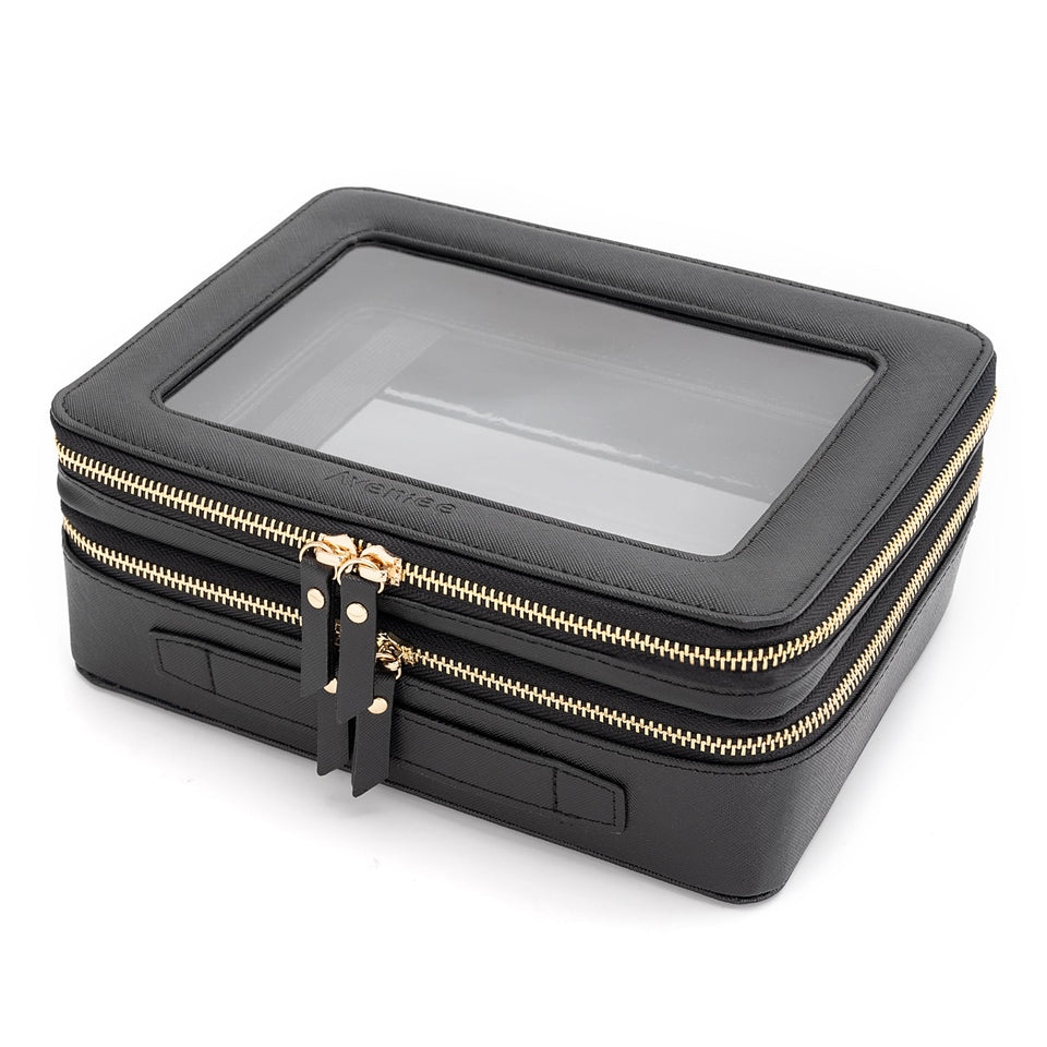 Aveniee XL Clear Makeup Organizer with brush holder keeps brushes tidy on the go.