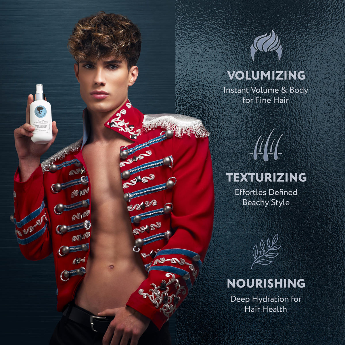 Avenue Man sea salt spray in hand applying for texture.