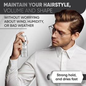 Avenue Man Super Hold mist dispersion showing quick-drying action for on-the-go styling.
