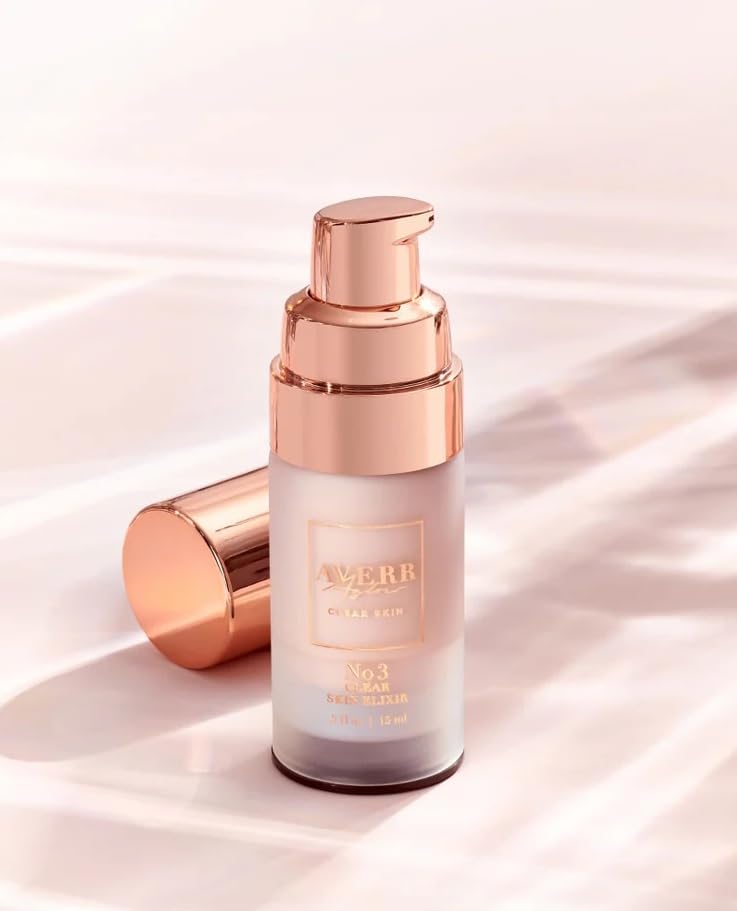 Averr Aglow Clear Skin Elixir bottle with pump for overnight balance.