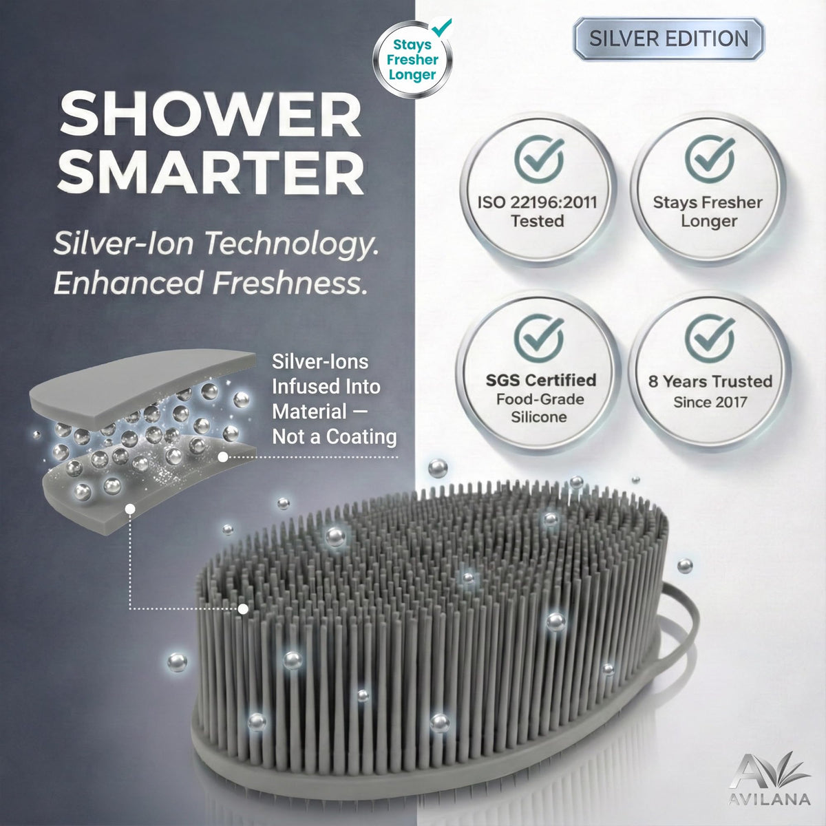 Avilana Silver-ion silicone delivers lasting freshness between showers.