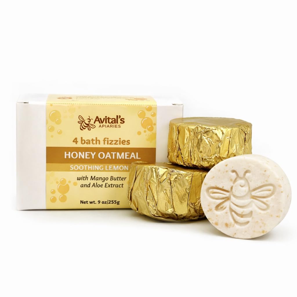 Avital's Apiaries honey-oatmeal bath fizz calms dry skin during a soothing soak.