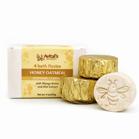 Avital's Apiaries honey-oatmeal bath fizz calms dry skin during a soothing soak.