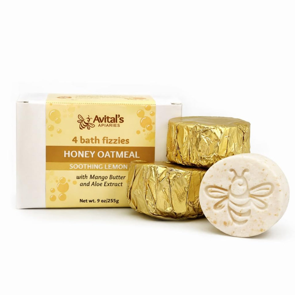 Avital's Apiaries honey-oatmeal bath fizz calms dry skin during a soothing soak.