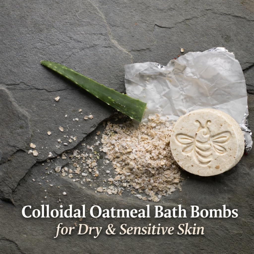 Avital's Apiaries oatmeal-softening bath bomb nourishes skin in warm bath.