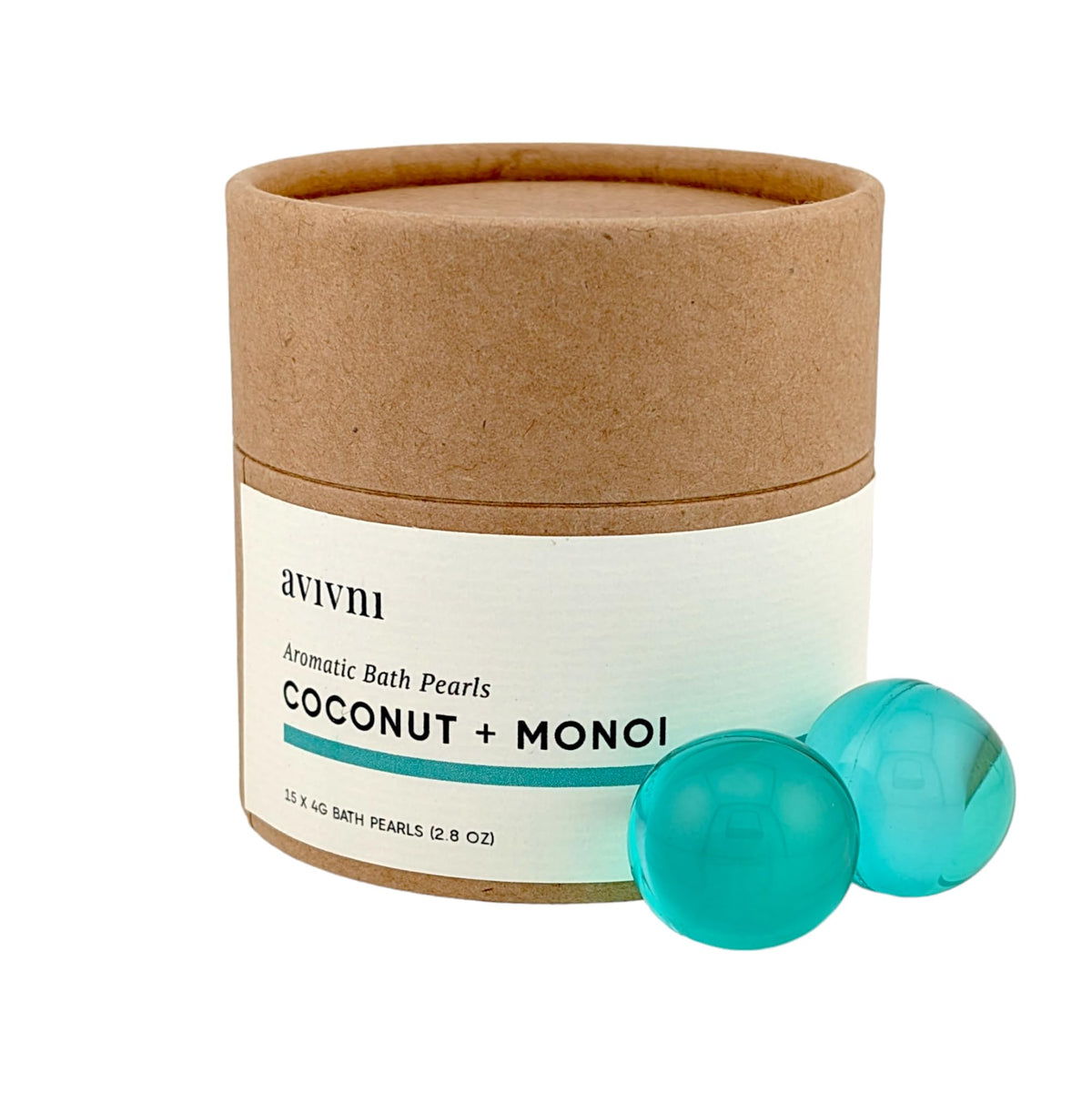 Avivni bath oil beads close-up, showing pearl capsules for skin-softening hydration.