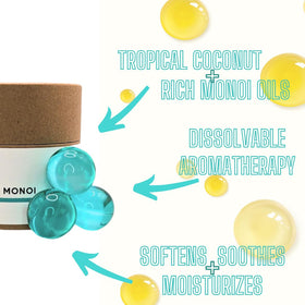 Beads dissolving in bathwater release moisture and a tropical aroma.