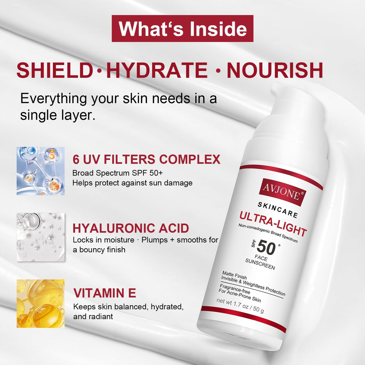AVJONE sunscreen-serum-like-texture glides on smoothly and dries to a breathable, makeup-friendly finish.