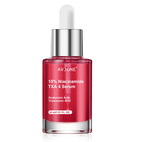 AVJONE Niacinamide 10% TXA 4% Serum bottle close-up promising a more even-toned complexion.
