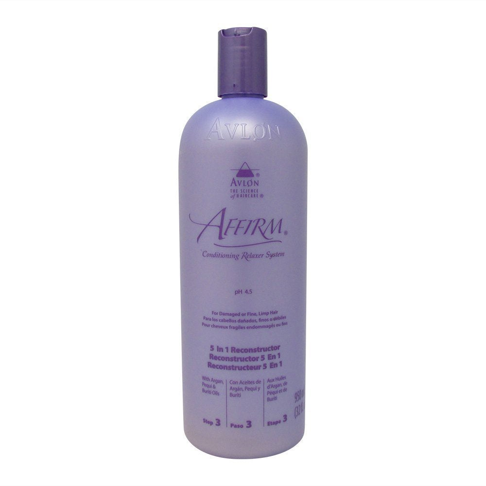 Avlon Affirm 5-in-1 Reconstructor bottle boosts elasticity after chemical processing.
